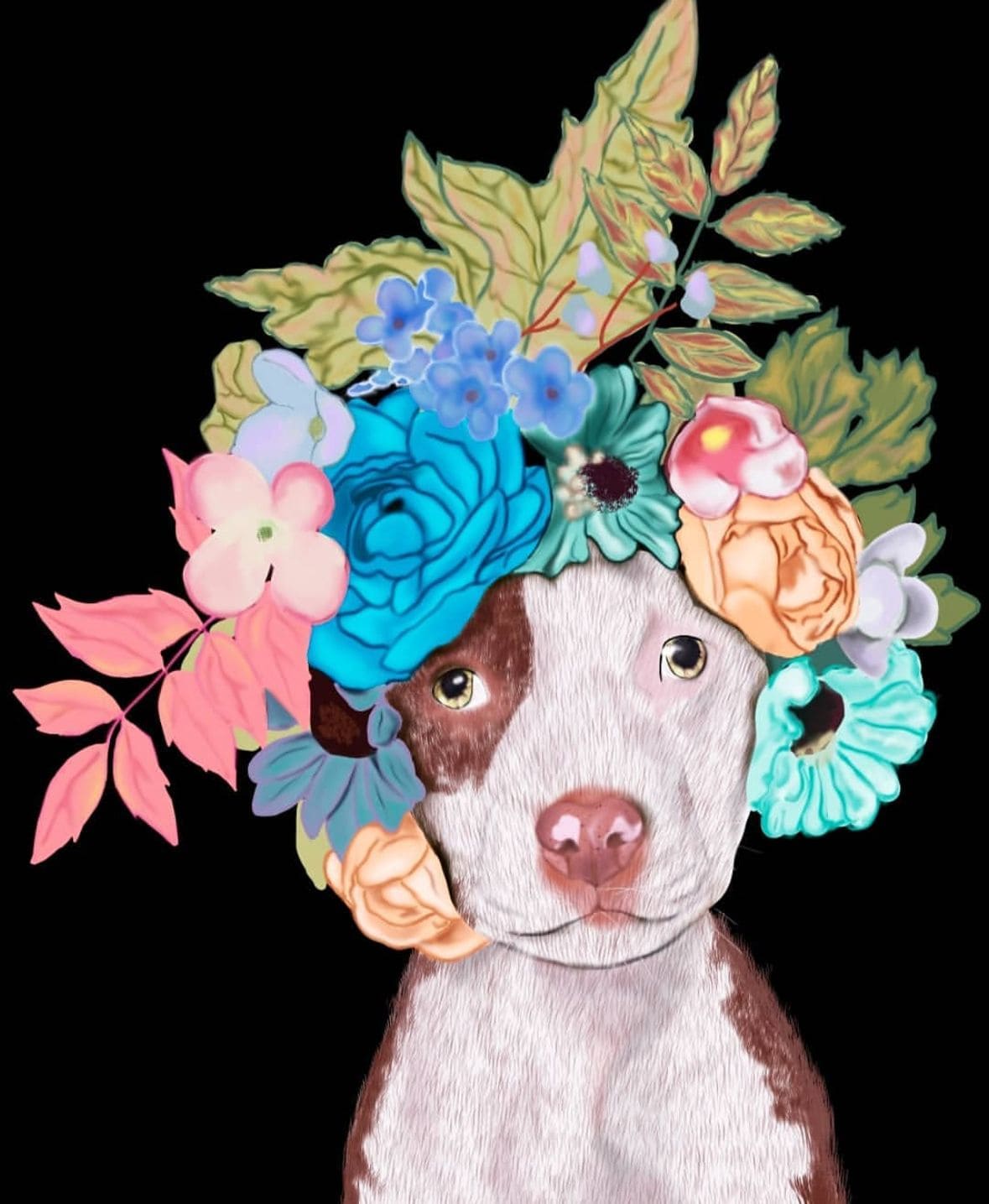 Dog with flowers as a crown