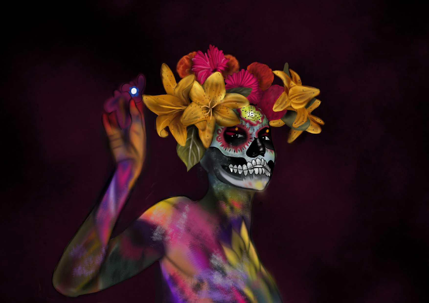woman with a painted face of Mexican skull and flowers covering her head